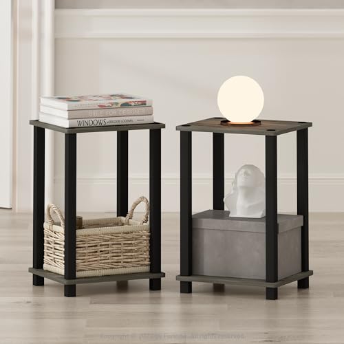 Furinno Simplistic Night Stand Set of 2, 2-Tier Small Nightstand with Open Shelf, Toolless Assembly Bedside Table, End Table, Side Table, for Bedroom, Closet, Dorm, French Oak - color: French Oak/Black, size: 2-Tier, Square Tubes, style: 2-Pack