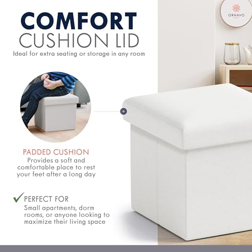 Ornavo Home Small Storage Ottoman Foldable Collapsible Cube Square Linen Ottoman Foot Rest Stool Seat, for Living Room, Bedroom, Home Office, Dorm - 12 x 12 x 12, White - color: White