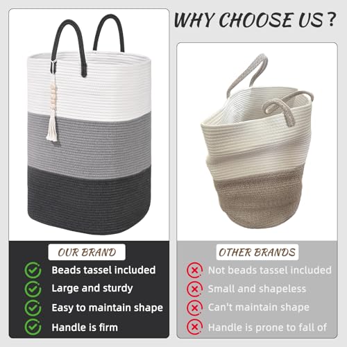 Woven Laundry Basket for Clothes,65 L Large Rectangle Laundry Hampers with Beads Tassel, Nursery Storage Basket for Toys, Tall Dirty Clothes Hamper for Bedroom Aesthetic, Laundry Room Organization - color: Gradient Gray, size: 65L