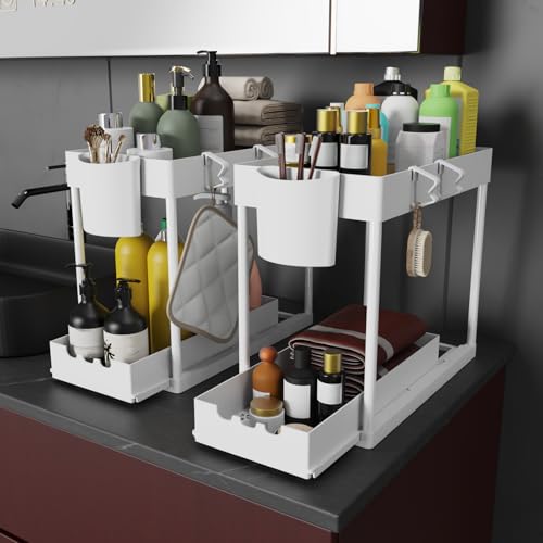 2 Pack Under Sink Organizers and Storage, 2-Tier Sliding Cabinet Organizer Drawer for Bathroom and Kitchen – Multi-Purpose Cabinet Organizer with Easy Pull-Out Design (White) - color: White., size: 2 Pack