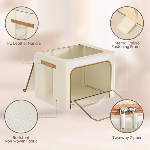 Yecaye Clothes Storage Bins with Metal Frame, Foldable Clothing Storage Bin with Lid, Stackable Oxford Fabric Organizer Box With Clear Window & Zippers & PU Leather Handles (3 Pack,Beige,40L) - color: Beige, size: Medium(3 Pack)