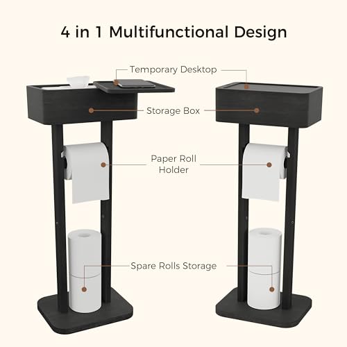 Wealone 4-in-1 Black Toilet Paper Holder Stand with Storage Shelf Box, 360° Rotating Bamboo Free Standing Toilet Tissue Roll, Toilet Wipes Dispenser Organizer, Temporary Desktop for Bathroom (Patent) - color: Black