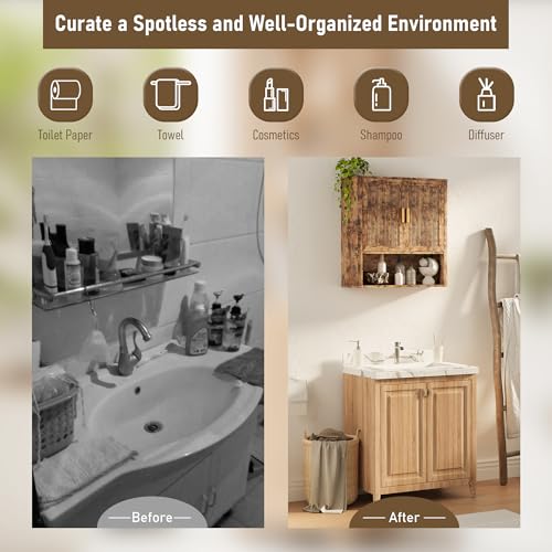 INNOD Bathroom Wall Cabinet, Wall-Mounted Medicine Cabinet with Adjustable Wood Shelf & Doors, Floating Bathroom Cabinet Over Toilet for Laundry Room & Kitchen & Living Room (Retro) - color: Retro