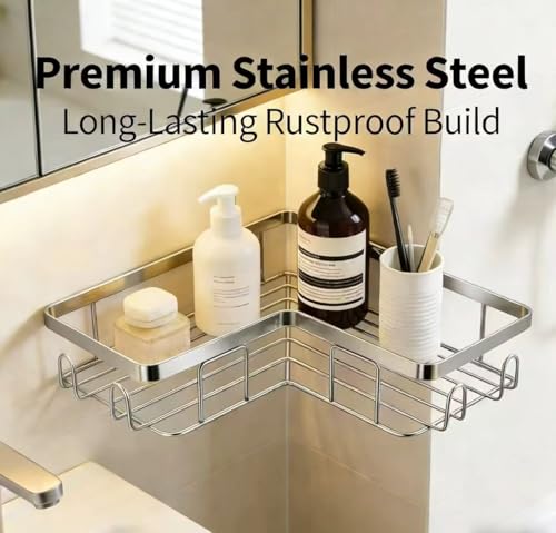 Shower Caddy 2 Pack, Stainless Steel No Drilling Adhesive Bathroom Organizer Shelf Rack, Corner Shower Shelf with Hooks for Home Decor & Storage