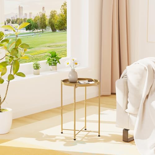 Garden 4 you Small Side Table, Gold Mini Round End Table, Black Tray Table with Metal Frame, Modern Nightstand for Living Room, Bedroom, Patio, Small Space, 2pcs - color: Gold, size: 2 PCS