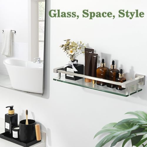 Alise Bathroom Glass Shelf with Stainless Steel Railing, Brushed Nickel Small Tempered Glass Floating Wall Shelf Over The Toilet, 16 inch - color: Brushed Nickel, size: 16 Inch