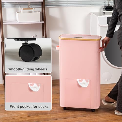 Vincona Laundry Basket with Wheels, Tall Dirty Clothes Hamper on Wheels, Rolling Laundry Hamper with lid for Dorm, Bedroom and Bathroom - color: Pink, size: 65L