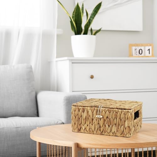 Set of 2 Wicker Baskets with Lid, Small Woven Wicker Storage Bins, Natural Water Hyacinth Basket Multipurpose Decorative Storage Boxes for Shelf Organizer (11.2" x 7.8" x 5.1" + 10" x 6.1" x 3.8") - size: 11.2" x 7.8" x 5.1" + 10" x 6.1" x 3.8"