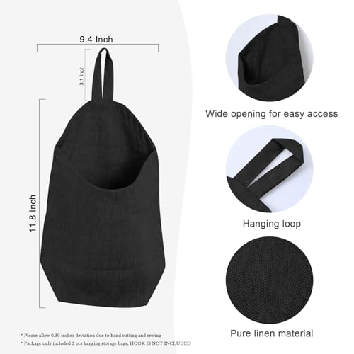 100% Linen Hanging Storage Bags Baskets 2 Pcs, Small Wall Storage Bag for Kitchen, Bedroom, RV Camper Organizer, Sewing Room, Nursery Storage, Kids Room (Black) - color: Black