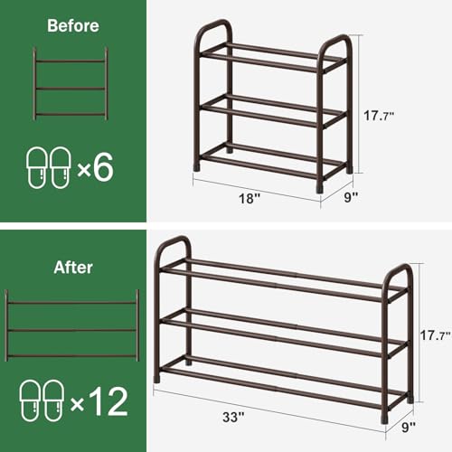 kiplant Expandable Shoe Rack for Closet, 3-Tier Shoe Organizer for Closet, Metal Adjustable Black Shoe Shelf Storage Organizer, Free Standing Shoe Rack for Entryway - color: Brown, size: 3-Tier_Long