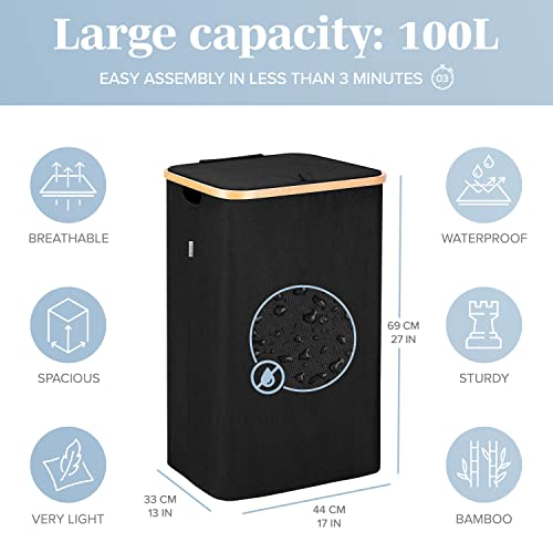 LONBET Laundry Basket with Lid, Made from Breathable Fabric | Aesthetic Clothes Hampers for Laundry with Side Handles & Sturdy Bamboo Frame (26 Gallons - Single, Black) - color: Black, style: 26 Gallons - Single