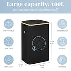 LONBET Laundry Basket with Lid, Made from Breathable Fabric | Aesthetic Clothes Hampers for Laundry with Side Handles & Sturdy Bamboo Frame (26 Gallons - Single, Black) - color: Black, style: 26 Gallons - Single