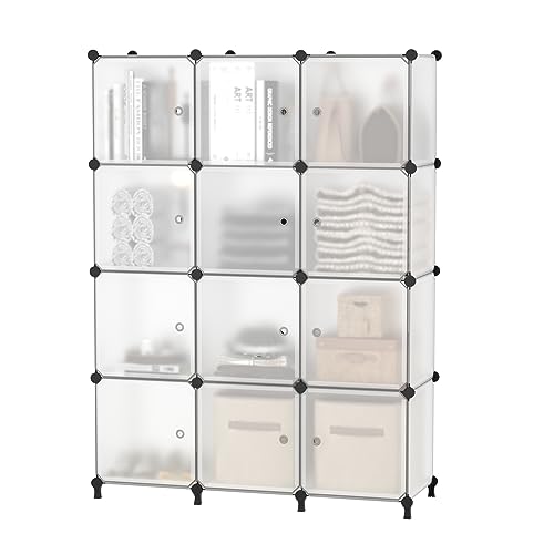 AWTATOS 12 Cube Storage Organizer with Doors, DIY Plastic Closet Shelf, Modular Bookshelf, Stackable Shelving Rack for Bedroom, Living Room, Translucent ULPZ011 - color: Translucent