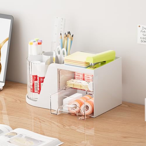 Marbrasse Desk Organizer with 2 Drawer, 360°Rotating Pen Holder, Desk Organizers and Accessories with 6 Slots Pencil Organizer + 2 Drawer, Art Supply Storage Box Caddy for Office (White) - color: White