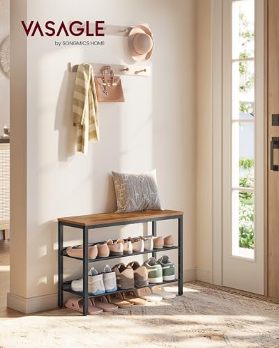 VASAGLE Shoe Rack for Entryway, 3-Tier Shoe Rack Organizer with Storage Shelves and Spacious Top, Freestanding, Adjustable, Industrial, Rustic Brown and Ink Black ULBS043KD01 - color: Rustic Brown + Ink Black, size: 3 Tiers (29.9"W)