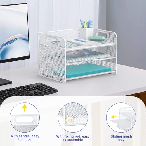 Samstar 3 Tier White Letter Tray Paper Organizer with Handle, Mesh Desk Organizer Paper Sorter File Rack Shelves, White - color: White 3 Tier Pack of 1