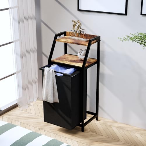Timberer Laundry Hamper, Laundry Sorter, Rolling Laundry Basket with Wheels, 2 Shelves, 18 Gal(68L), Pull-Out and Removable Oxford Fabric Bags, for Laundry Room, Black and Rustic Brown - color: Black + Rustic Brown, size: 1 Bags (16.9"L x 11.8"W x 41.7"H)