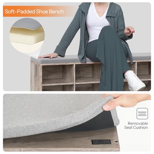 HOOBRO Shoe Storage Bench with Cushion, 39.4" L Entryway Bench with 12 Cubbies, Entryway Hall Tree with Storage, Shoe Cabinet with Coat Rack for Bedroom, Hallway, Holds up to 330 lb, Gray GY112HX01 - color: Grey