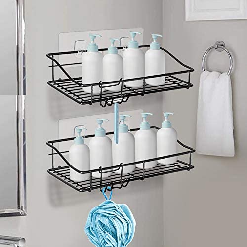 Nieifi Shower Caddy Shelf with Hooks Storage Rack Organizer Adhesive Stainless Steel Without Drilling for Bathroom, Lavatory, Washroom, Restroom, Shower, Toilet, Kitchen - 2 Pack (Black) - color: Black, size: 2 Pack