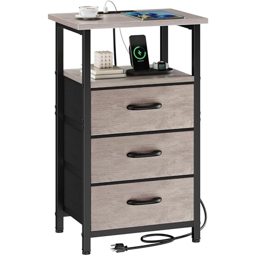 Vagusicc Nightstand with Charging Station, Bedside Table with USB Ports and Outlet, End Table Side Table with 3 Fabric Drawers and Storage Shelf, Bed Side Table Night Stand for Bedroom, Greige - color: Greige, size: 1 Piece, style: Ordinary