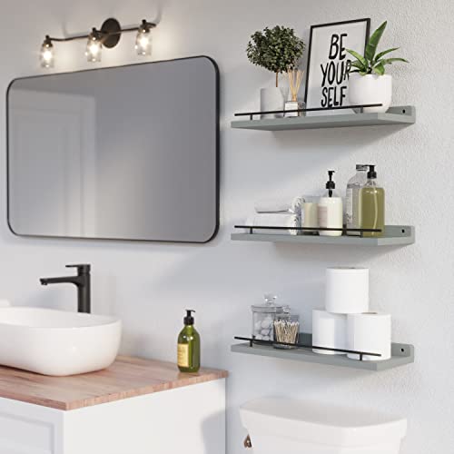 WOPITUES Floating Shelves with Black Metal Guardrail, Shelves for Wall Decor Set of 3, Wall Shelves for Bedroom, Bathroom, Kitchen, Living Room, Plants, Picture Frames, Art- Grey - color: Grey, size: 15.7 inch