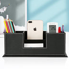 KINGFOM Office Supplies Desk Organizer PU Leather Storage Box 4 Divided Compartments for Pen Business Card Remote Control Mobile Phone Cosmetics Collection Holder (Black) - color: Black-L