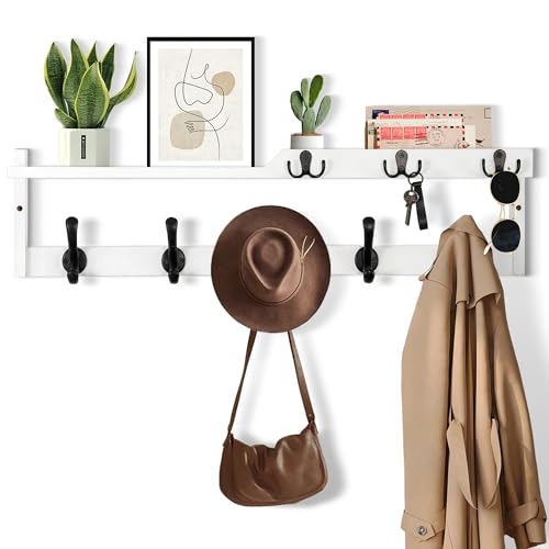 29'' Coat Rack Wall Mount with Shelf, Coat Hanger Wall Mount with Key Hooks and Mail Holder, Wood Entryway Floating Shelf with Hooks and Storage, Hat Rack for Wall Key Holder Mail Organizer - color: White, size: 29 Inch Long