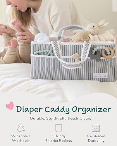 Lily Miles Baby Diaper Caddy Organizer, Girl Nursery Storage Basket with 8 Pockets, Baby Organizer and Storage, Easy-to-Clean Fabric, Large, Pink Blush - color: Gray/Blush, size: Large