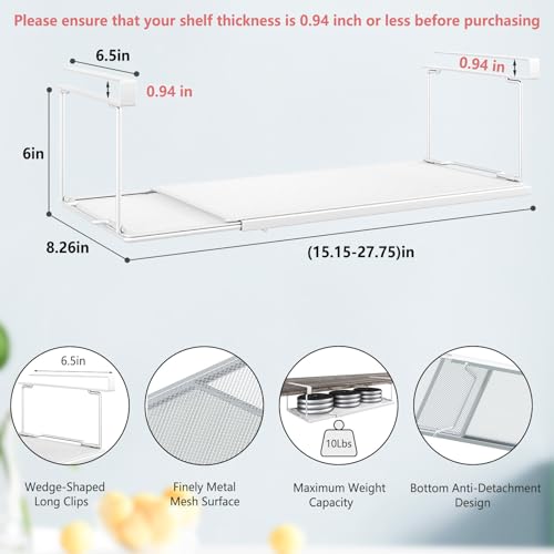 Expandable Under Cabinet Shelf, Extendable Under Shelf Storage with 0.94 Inches Thick Clips for Shoe Rack, Pantry Cabinet, Laundry Room. (White, 2 Pack, Interior: 6" H x 8.26" D) - color: White-6"h X 8.26"d-0.94" Thick Clip, size: 2 Pack