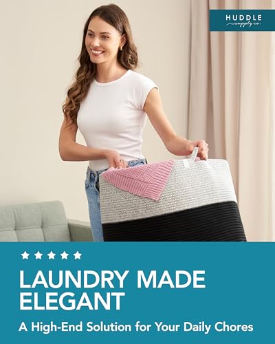 XXXXL WASHABLE 125L Extra Large Durable Soft Blanket Basket, Woven Decorative Cotton Rope Basket with Handles for Laundry, Living Room, Baby Toy Nursery Storage Organization Bin 24" x 17" (Black/Grey) - color: Black & Grey, size: Jumbo