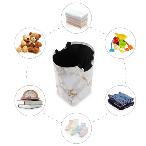 Kigai White Gold Marble Texture Laundry Basket Collapsible Laundry Hamper with Handles Clothes Organizer Foldable Waterproof Washing Bin for College Dorms, Nursery, Bathroom