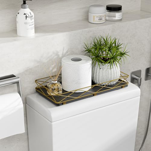 Lixple Toilet Paper Basket Holder, 13" Toilet Tank Tray, Wood and Metal Toilet Tray Vanity Organizer Bathroom Tray, Kitchen Sink Organizer for Soap Dispenser (Black + Gold) - color: Black+gold