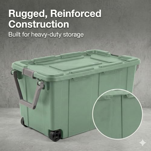 40 Gallon Wheeled Storage Tote with Lid – Heavy Duty Rolling Storage Bin with Ergonomic Handle & Secure Latches – Large Plastic Stackable Container for Garage Basement Workshop (Green) - size: Green
