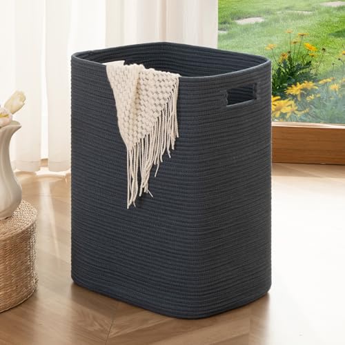 OIAHOMY Laundry Hamper, Laundry Basket，Rectangle Cotton Large Blanket Storage Basket for Living room,Bedroom Woven Decorative Storage for Toys,Clothes,Pillows-16x13x22in-Blue - color: Blue
