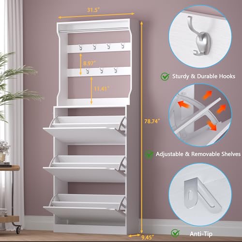 BORNOON Shoe Cabinet with 3 Flip Drawers & Coat Rack, Narrow Hidden Shoe Storage Cabinet, 2-in-1 Hall Tree Slim Freestanding Shoe Rack Organizer for Entryway, Hallway, and Living Room - color: White, size: 3-Drawer with Rack