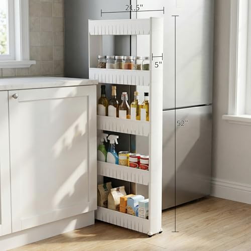 Slim Rolling Storage Cart - 5-Tier Utility Cart with Wheels for Bathroom, Kitchen, and Laundry Room - Bathroom Shelves by Lavish Home (White) - size: 5-Tier