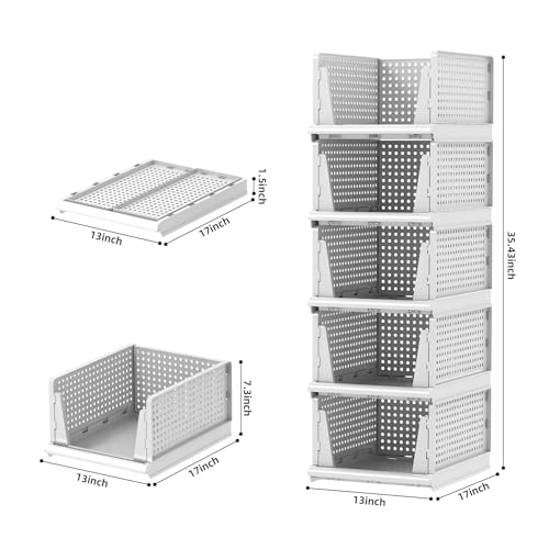 5 Packs Stackable Plastic Storage Basket for Closet Foldable Closet Organizers and Storage Bins for Shelves Storage Drawer Container for Clothes, Wardrobe, Pantry, 5L - color: White