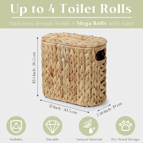 YANGQIHOME Toilet Paper Storage, Water Hyacinth Toilet Paper Storage with Lid, Papers Container for up to 4 Mega Rolls, Bathroom Basket Organizer - size: 4 Rolls