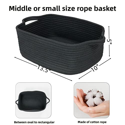 Woven Cotton Rope Storage Basket with Handles for Organizing Shelves Closet Small Cat Dog Pet Toy Basket Box Bin Decorative Rectangle Baby Nursery baskets Gift Baskets Empty Black - color: black