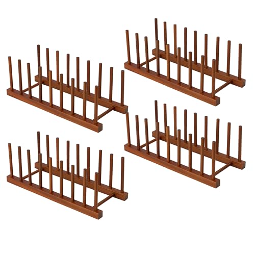 HBlife 4pcs Teak Dish Drying Rack Plates Holder Stand Kitchen Storage Cabinet Organizer for Dish/Plate/Bowl/Cup/Pot Lid/Cutting Board (8 Slots) - color: Teak 8 Slots 4pcs
