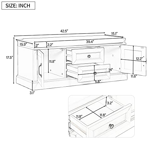 P PURLOVE Rustic Wood Entryway Bench with 2 Cabinets and 2 Drawers, Wood Shoe Bench with Removable Cushion for Hallway, Entryway - color: White, size: with 2 Drawers and 2 Cabinets