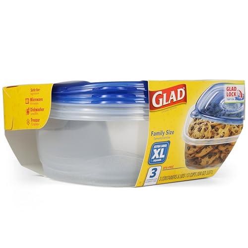 Glad GladWare XL Square Food Storage Containers with Lock Tight Lids, BPA-Free Family Size Plastic Containers for Leftovers, Meal Prep, and Freezer Storage, Dishwasher Safe, 104 Oz, 3 Count - size: 104 oz - 3 Count, style: Square