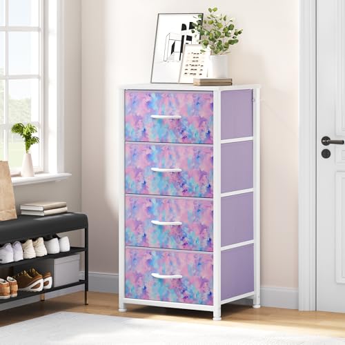 DWVO Dresser with 4 Drawers - Storage Tower Unit, Dresser for Bedroom, Living Room, Closets - Sturdy Steel Frame, Wooden Top & Easy Pull Fabric Bins, Purple - color: Cool Purple