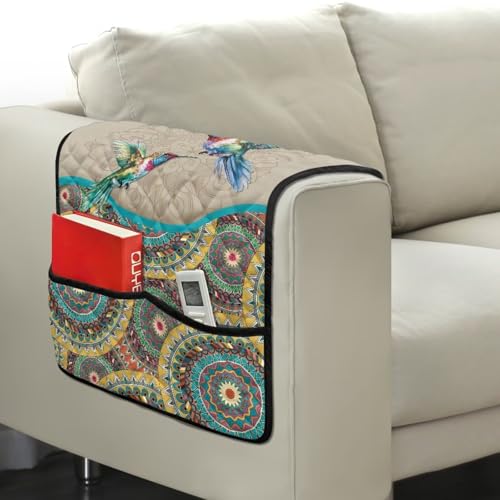 Boho Mandala Hummingbird Print Couch Arm Rest Cover Anti-Slip Furniture Protectors for Pet Cat Dog, Stain Resistant Arm Covers for Sofa with 2 Pockets Modern Home Decor - color: Boho Mandala Hummingbird