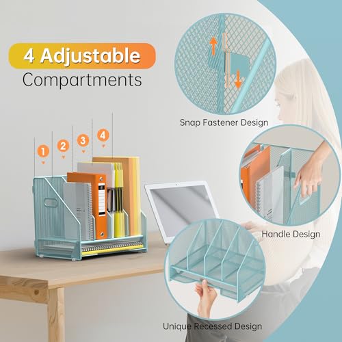 Docnest Desk File Holder Sorter, 4 Vertical Compartments Rack with Letter Tray, Mesh Magazine File Holder with Handle,Workspace Organizers,Desk Organizers for Paper, Mail, Documents-Blue - color: Blue-4 Compartments