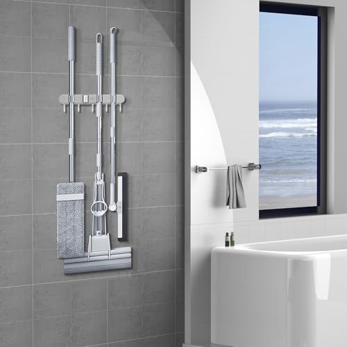 Mop and Broom Holder Wall Mount, 4 Racks and 5 Hooks Self Adhesive Garage Organizer Storage Tool Racks for Kitchen Garden Laundry (Grey)
