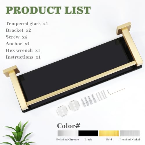 Alise Bathroom Glass Shelf with Stainless Steel Railing, Gold Small Tempered Glass Floating Wall Shelf Over The Toilet, 16 inch - color: Gold and Black, size: 16 Inch
