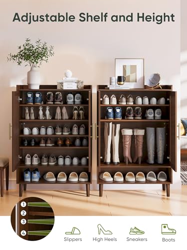 Smart FENDEE 6-Tier Large Shoe Storage Cabinet with 2 Doors, Freestanding Shoe Cabinet with Adjustable Shelves, Hidden Entryway Shoe Organizer for Hallway, Foyer, Walnut - color: Walnut, size: 44" H