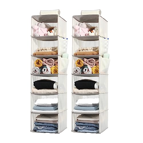 2 Packs Hanging Closet Organizer Storage, 6-Shelf Hanging Shelves Clothes Organizer and Storage with Side Pockets, Beige - color: Beige, size: 6 Shelves