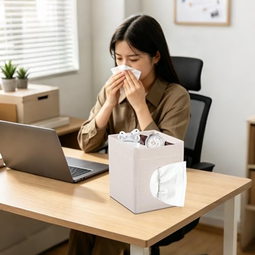 Tissue Box Cover with Storage Tray Square Tissue Box Holder PU Leather Facial Tissues Organizer Tray for Bathroom Vanity Bedroom Office Car,Stylish Napkin Caddy Decorative Organizer,Beige - color: Beige
